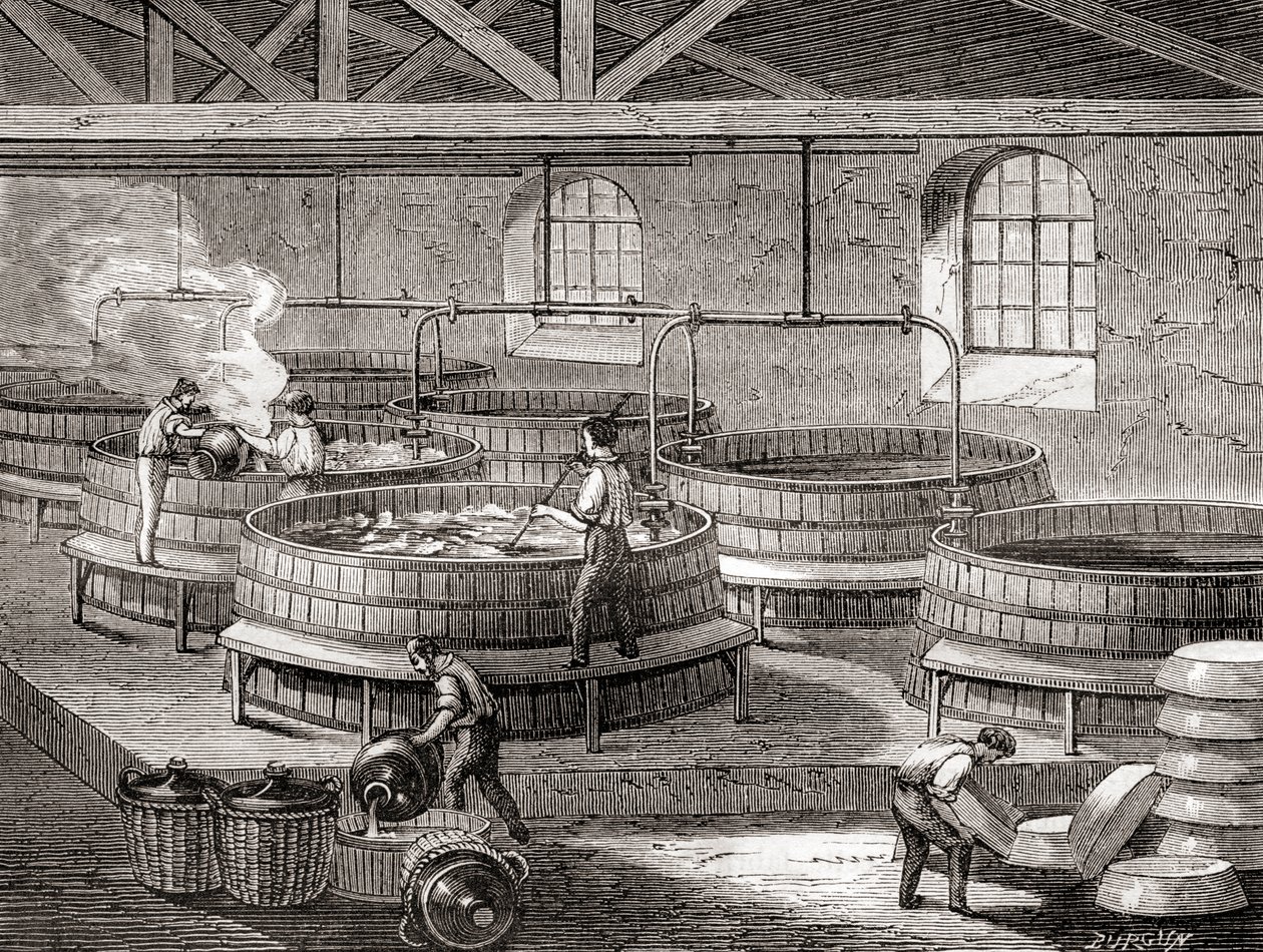De productie van zeep in grote tanks in de 19e eeuw, uit Les Merveilles de la Science, gepubliceerd ca. 1870 (gravure) door French School