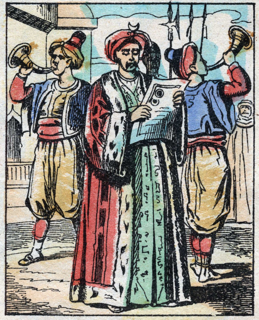 Het huwelijk van de dochter van de Sultan met de zoon van de Grootvizier wordt aangekondigd door een openbare voorlezer. Gravure van het verhaal Duizend-en-een-nacht "Aladin en de Wonderlamp". Epinal afbeelding, eind 19e eeuw. Privécollectie. door French School