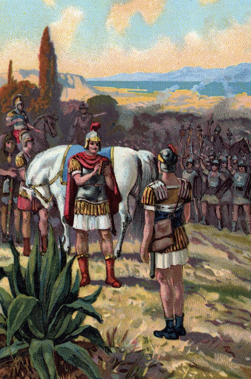 De ontmoeting van Julius Caesar en koning Pharnace II bij de Slag om Zela in 47 v.Chr., die Julius Caesar de uitspraak 