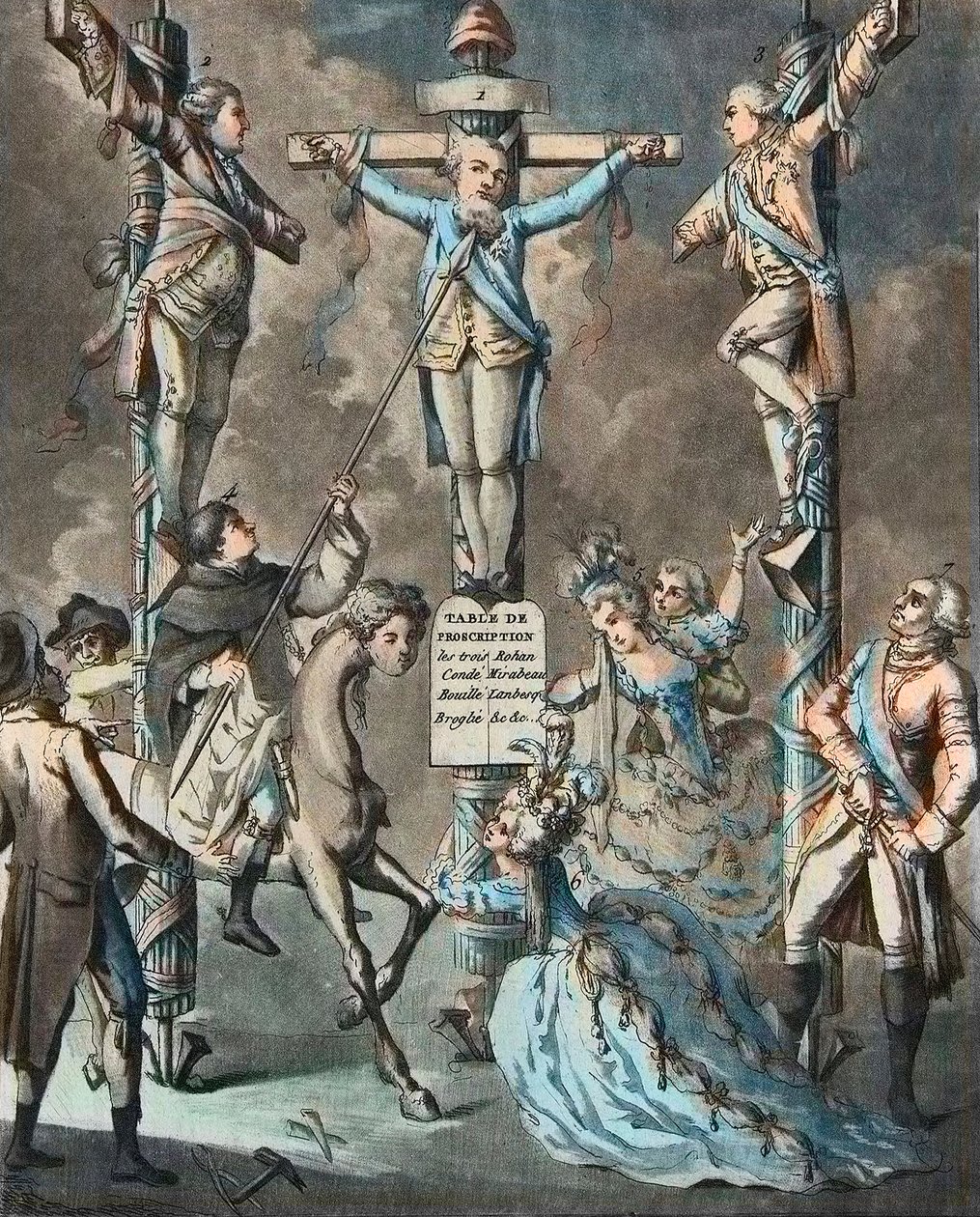 De nieuwe calvarie, Lodewijk XVI aan het kruis door opstanden - 2. en 3. Monsieur (Louis Stanislas Xavier, Graaf van Provence (1755-1824), Lodewijk XVIII) en de Graaf van Artois (Charles Philippe (1757-1836) Charles X), broers van de koning, leunden door d door French School