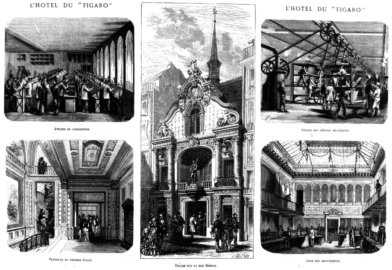 De kantoren van de Figaro, 26 rue Drouot, Parijs, 1874 door French School