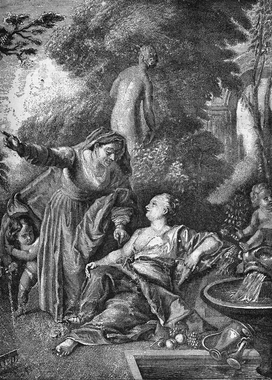 De oude prostituees werden koppelaarsters. Gravure in 