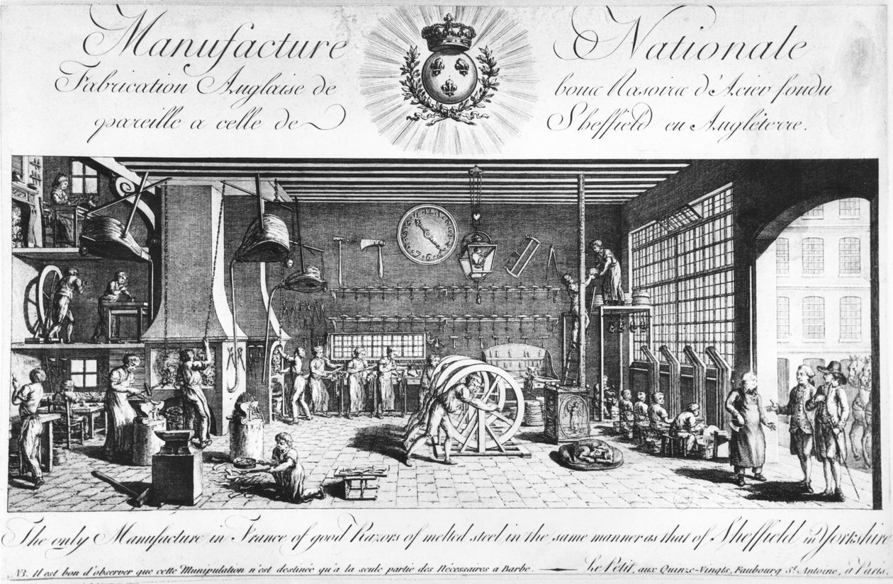 De enige fabriek in Frankrijk van goede scheermessen van gesmolten staal op dezelfde manier als die van Sheffield in Engeland, Yorkshire, laat 18e eeuw door French School