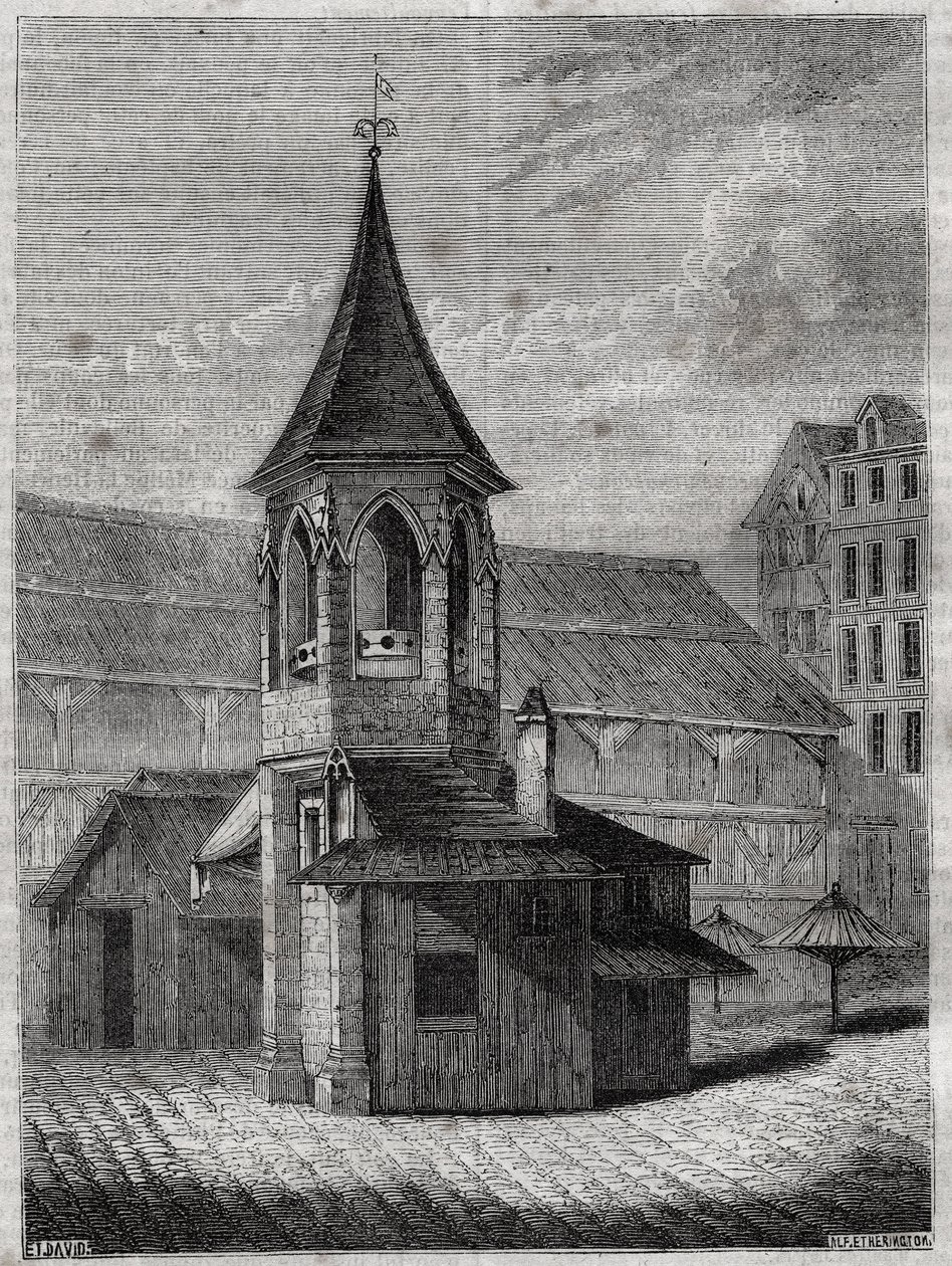 De schandpaal van de hallen in de 18e eeuw, gebouwd op het oude kerkhof van de Onschuldigen - Gravure in 