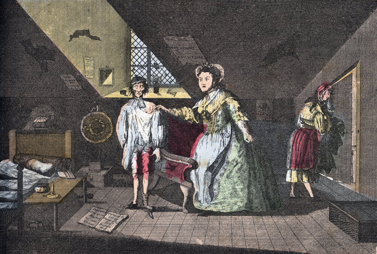 De vrome kleermaker betrapt op overspel. Gravure door Cabbage uit 1768 in Lire Et Galanterie. Wekelijkse collectie van Galante afbeeldingen onder leiding van John Grand-Carteret. 1903-1904 door French School