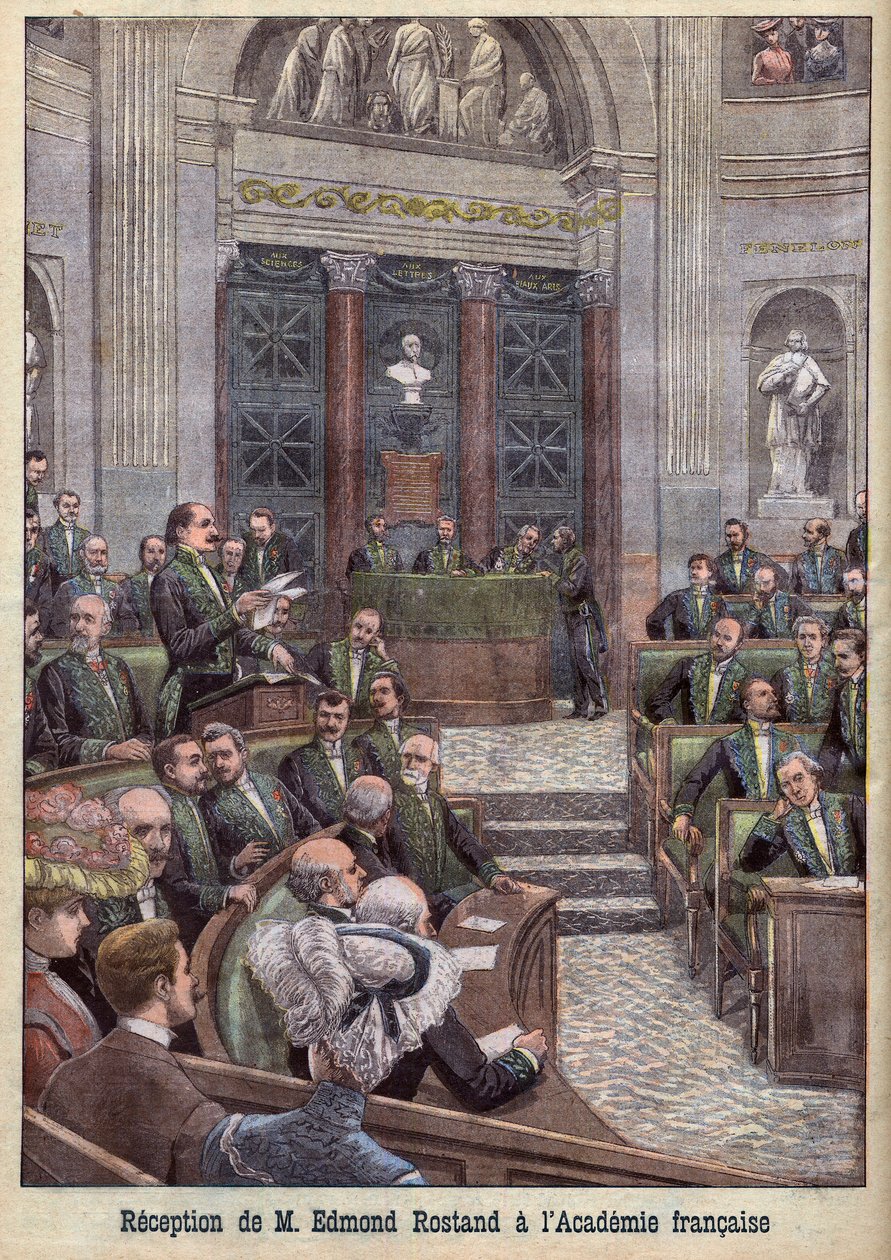 De dichter en toneelschrijver Edmond Rostand wordt ontvangen in de Académie Française voor Le Petit Journal door French School
