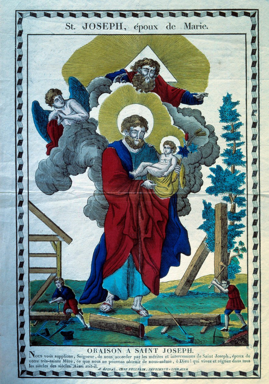 Het gebed van Sint Jozef, echtgenoot van Maria. Gravure uit de 19e eeuw. Parijs, Museum voor Volkskunst en Tradities door French School