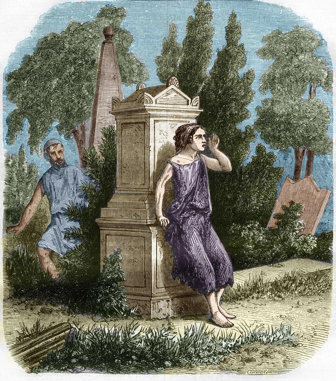 De prostituees van de oudheid, Griekenland: de Hetaires maakten openlijk hun beroep. Gravure in 