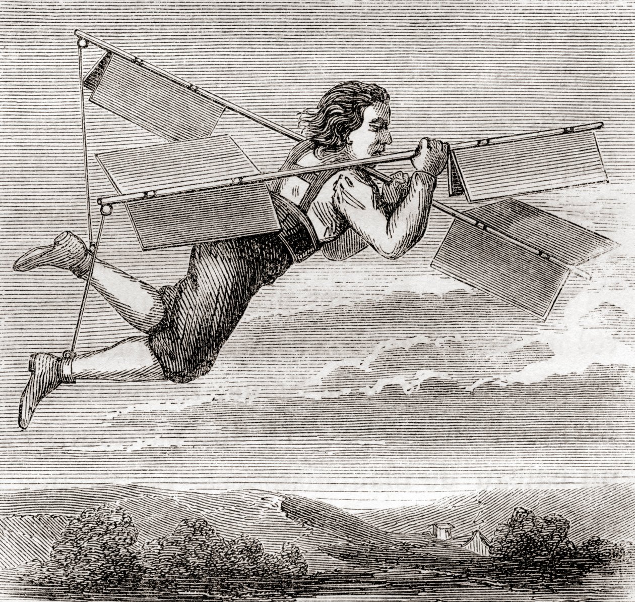 De vermeende vlucht van de Franse slotenmaker Jacob Besnier, met behulp van een zelf ontworpen vliegapparaat, in 1678, uit 