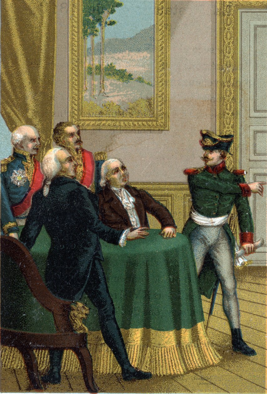 De restauratie van 1815: Joseph Fouche, minister van politie van Napoleon I, liet een Pruisische officier de kamer binnen waar de Commissie van de Voorlopige Regering werd geleid door koning Lodewijk XVIII op 7 juli 1815 door French School