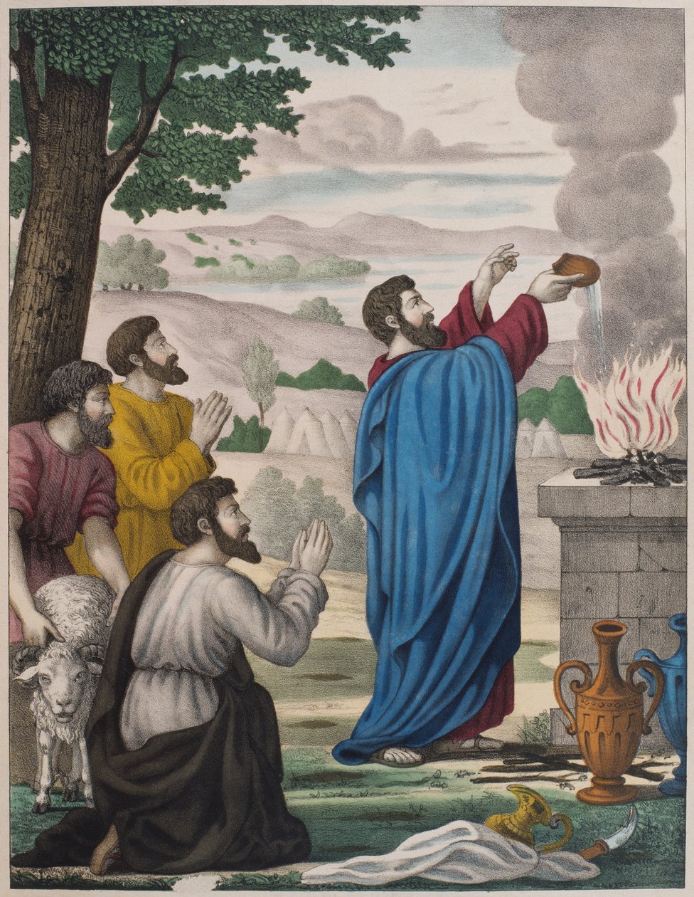 De rivaliserende offers van Elia en de priesters van Baäl, illustratie uit een catechismus L
