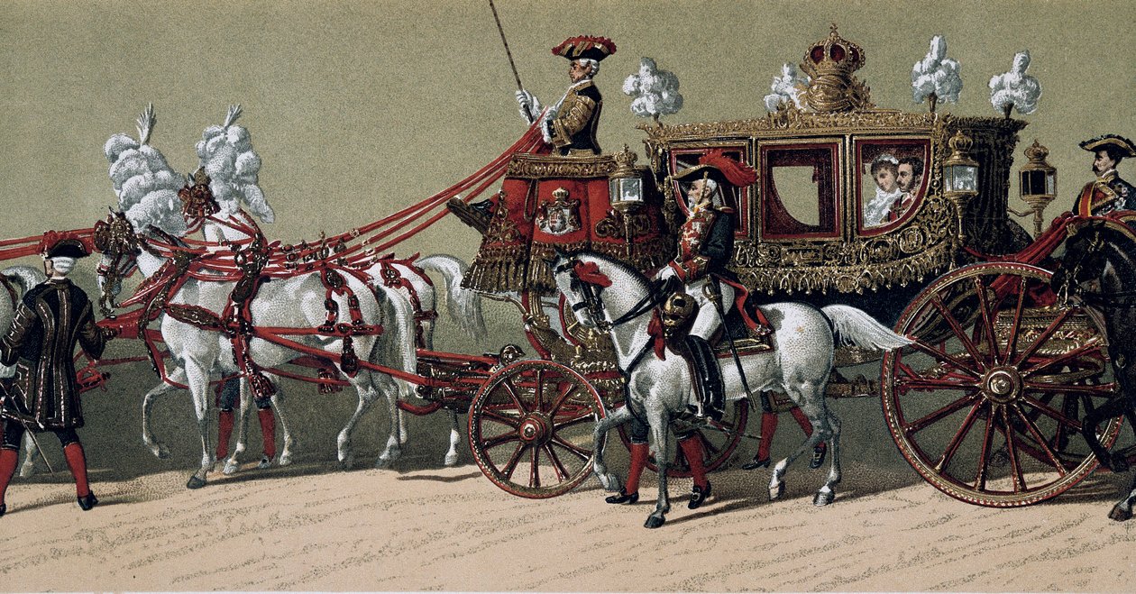 De koninklijke stoet bij het huwelijk van koning Alfonso XII van Spanje en Marie Christine de Teschen in 1879 door French School
