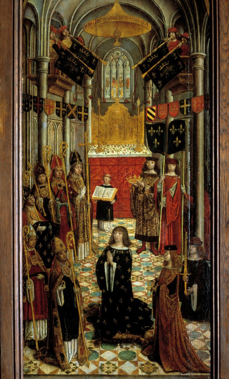 De kroning van Lodewijk XII (1462-1515) in de kathedraal van Reims op 27 mei 1498. Schilderij op hout van de Franse school van de 16e eeuw. 1501. Parijs, Nationaal Museum van de Middeleeuwen, Thermen van Cluny door French School