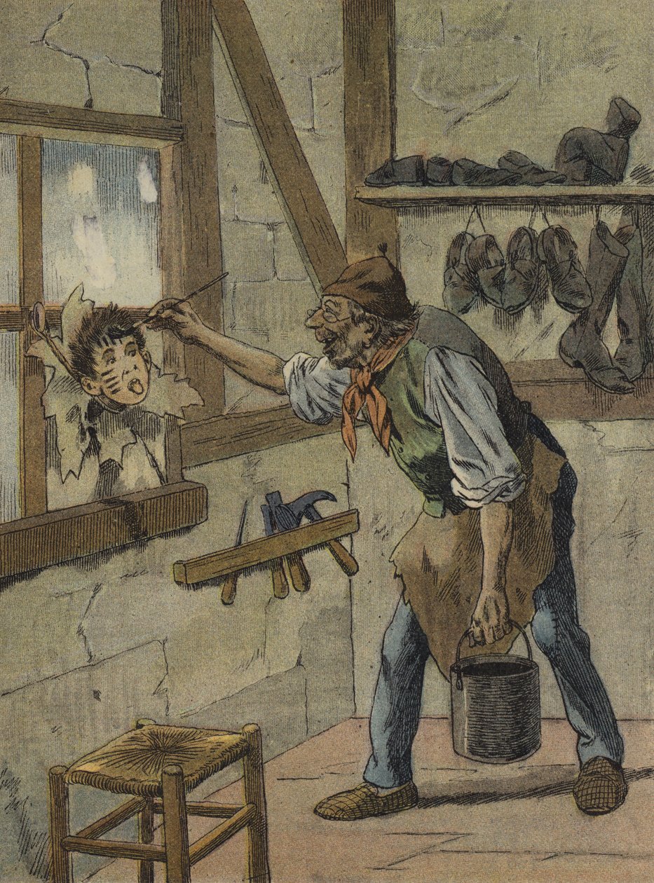 De schoenmaker markeerde de uren op de figuur van de kleine Jeannot (kleurenlitho) door French School