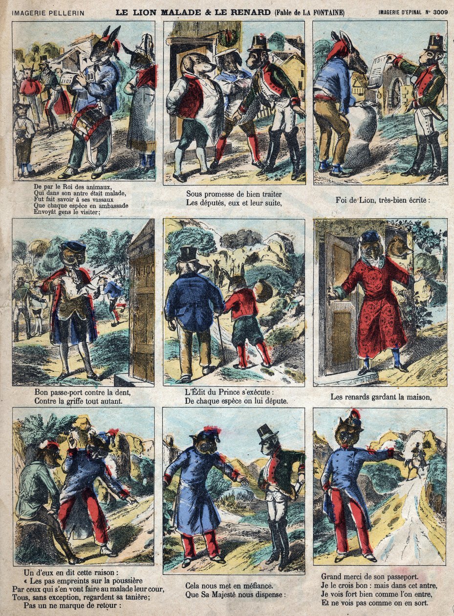 De zieke leeuw en de vos. Fabels van Jean de La Fontaine (1621-95). Epinal afbeelding eind 19e eeuw. door French School