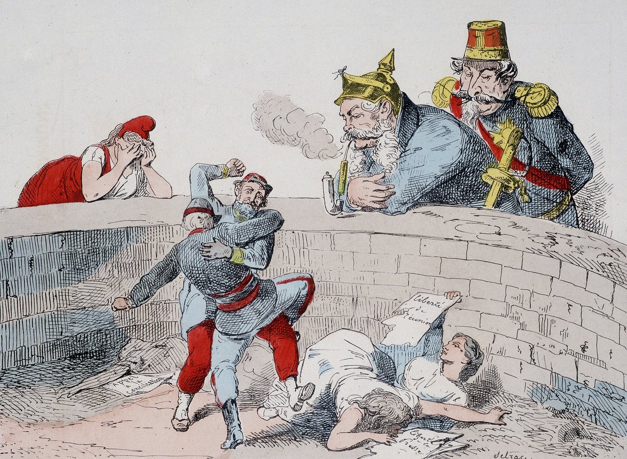 De situatie - Gauillaume: We moeten gekken helpen, Badingue (Napoleon III): Laat ze mijn broer doen, het zal tijd zijn om in te grijpen wanneer ze (de Parijzenaars) zichzelf hebben verslonden. Cartoon over de Commune. door French School