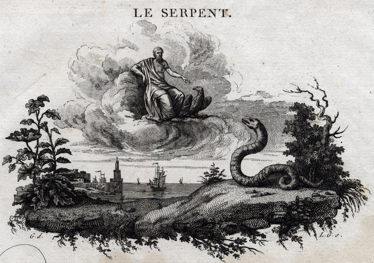 De slang. Fabel van Aesopus. Geschreven door Guillaume Montfort en gegraveerd door Beauble in 1801. door French School