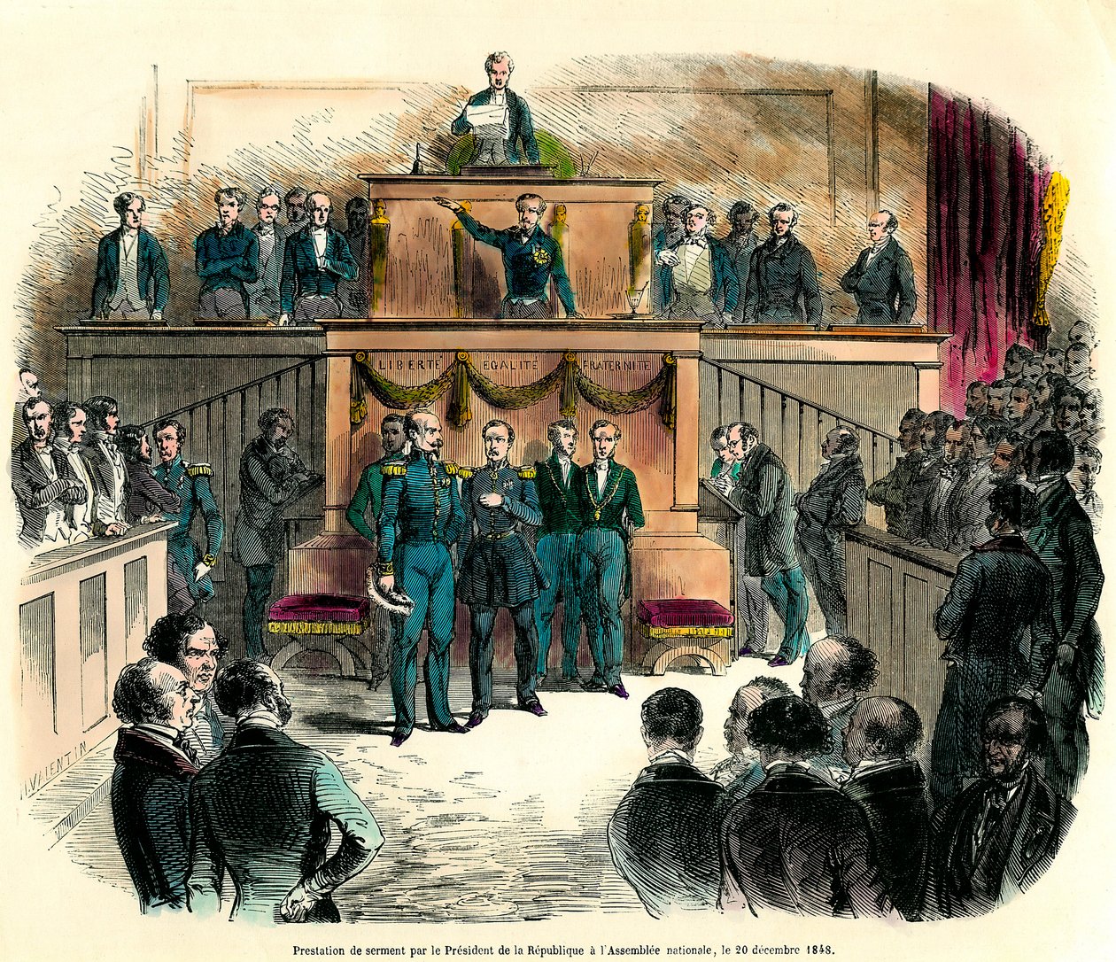 De beëdiging van Louis Napoleon III (Louis-Napoleon), die officieel werd uitgeroepen tot president van de Republiek, in de Nationale Vergadering op 20 december 1848. Hij zweert 