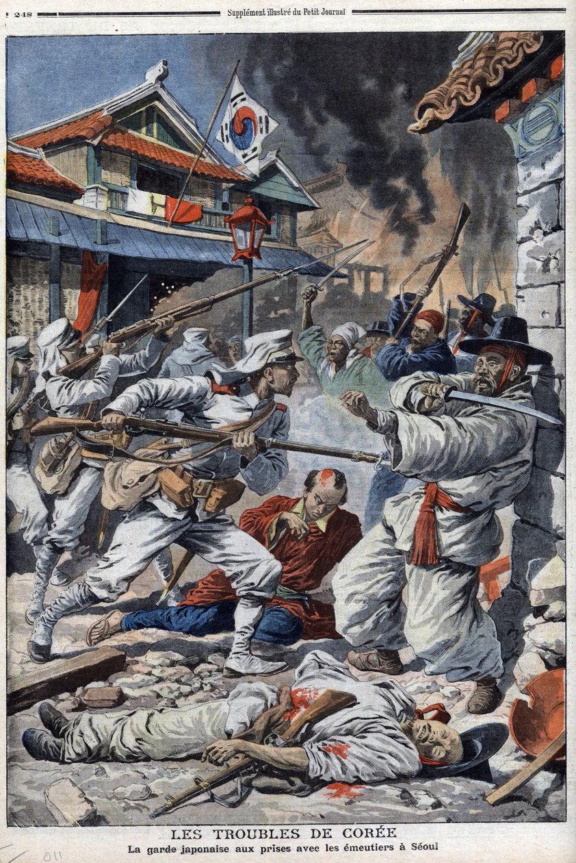 De onrust in Korea, de Japanse wacht worstelt met de oproerkraaiers in Seoul, ontevreden over de abdicatie van Yi-Yeung (