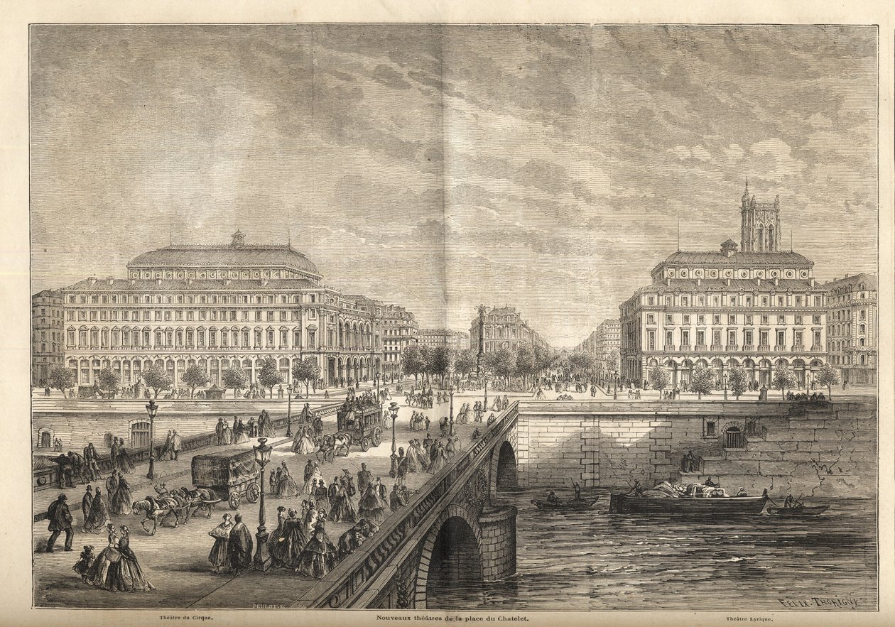 De twee nieuwe theaters van de Place du Châtelet in Parijs in 1862 - Gravure uit 