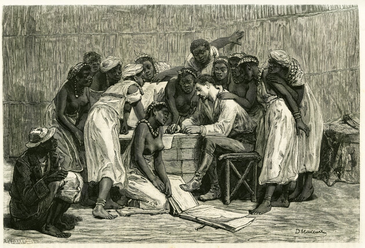 Het bezoek van de koninginnen, de zestien vrouwen van koning Sepopo, in de hut van Dr. Holub. Gravure door D. Maillard, ter illustratie van het verhaal 
