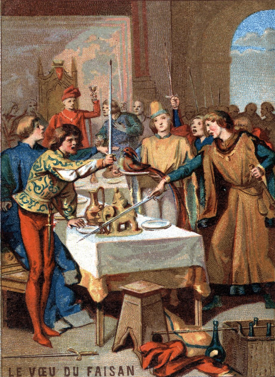 De wens van de fazant (1454): tijdens het feest georganiseerd door Filips III de Goede, hertog van Bourgondië, zweren de gasten op een fazant versierd met een parelketting om de Turk te vernietigen. Chromolithografie uit de serie 