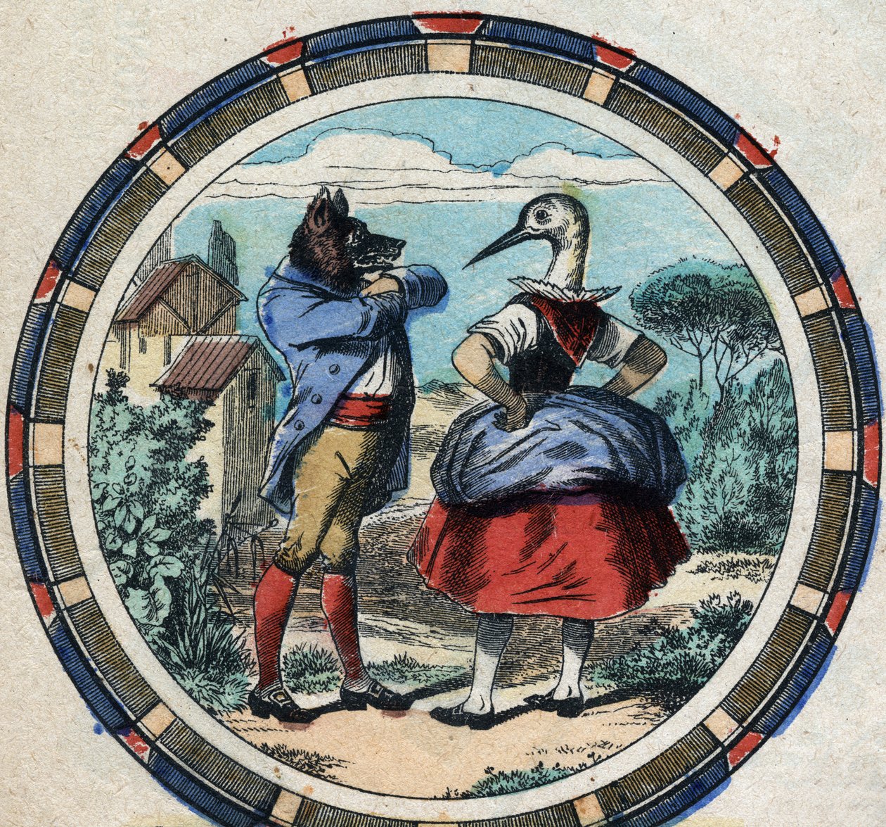 De wolf en de ooievaar. Fabels van Jean de La Fontaine. Epinal afbeelding eind 19e eeuw. door French School