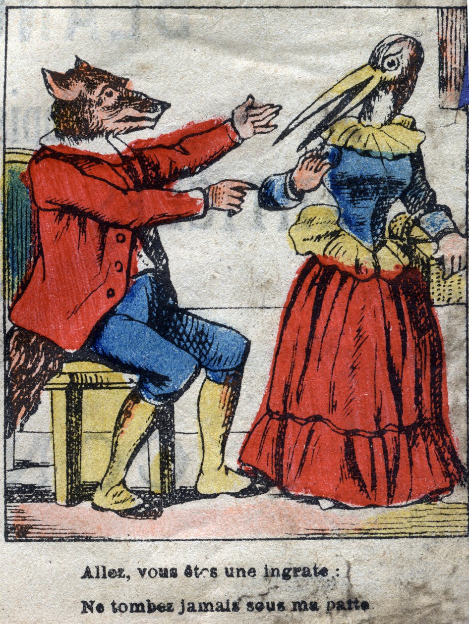 De wolf en de ooievaar. Fabels van Jean de La Fontaine (1621-95). Epinal afbeelding eind 19e eeuw. door French School