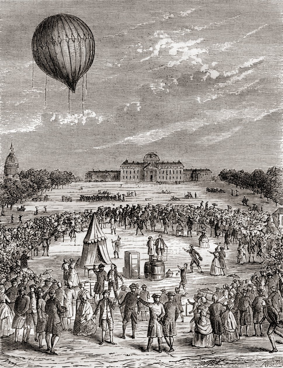 De eerste waterstofballon ter wereld, gelanceerd boven de Champs de Mars, Parijs, Frankrijk in 1783, uit Les Merveilles de la Science, gepubliceerd ca. 1870 door French School