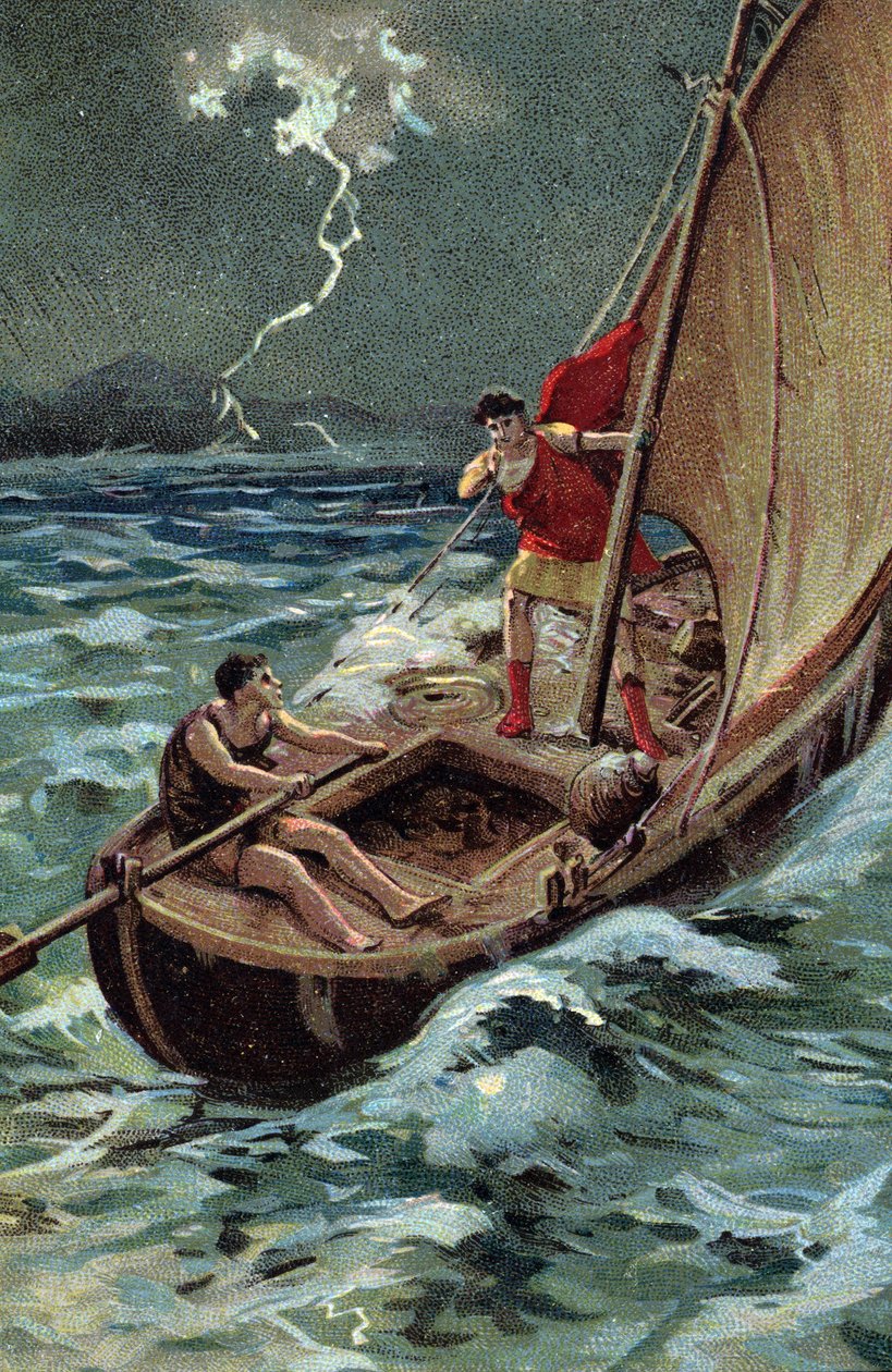 De jonge Julius Caesar (100-44 v.Chr.) steekt de Adriatische Zee over om zich bij Dalmatië aan te sluiten, moedig ondanks de storm, vertrouwend op zijn goede ster en bestemming door French School