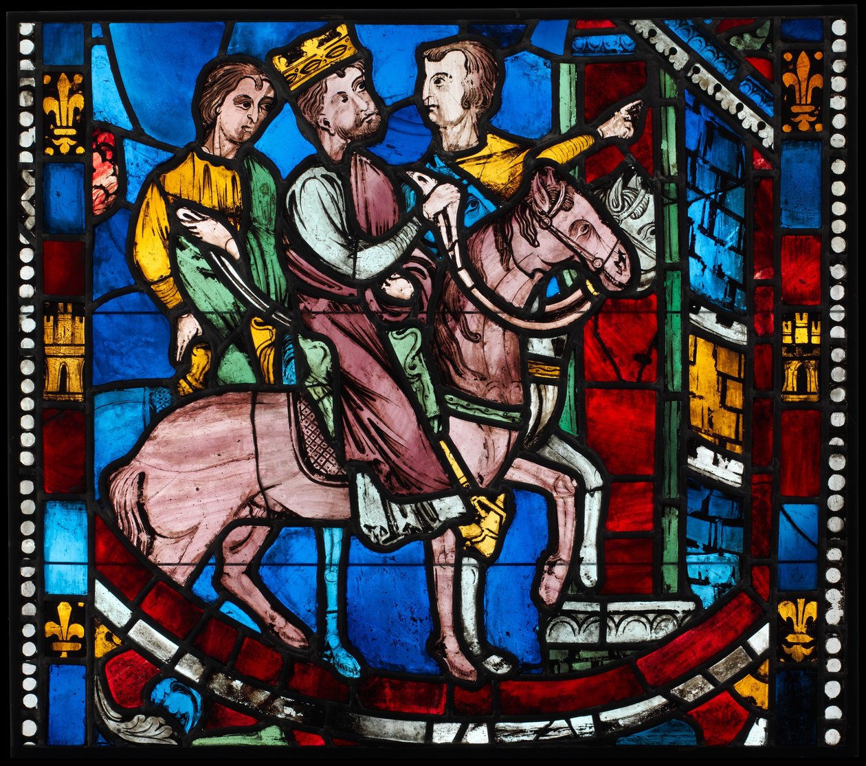 Theodosius arriveert in Efeze, uit een scène uit de legende van de Zeven Slapers van Efeze, c. 1200-1210 (potmetaalglas, glazuurverf) door French School