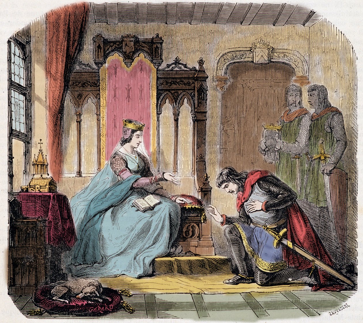 Thibault IV van Champagne (1201-1253) (ook bekend als Thibault I van Navarra), kwam aan de voeten van koningin Blanche van Castilië om haar te waarschuwen voor het gevaar dat ze zou lopen - in 