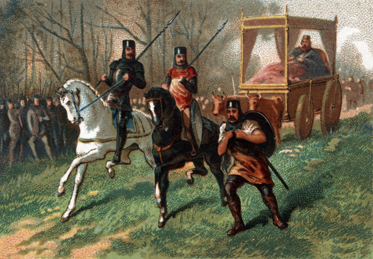Thierry I (? - 533), koning van Austrasië op een kar getrokken door ossen. Chromolithografie uit het einde van de 19e eeuw. door French School