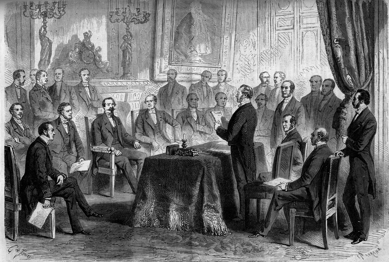 Derde Republiek: vergadering van de Raad van State in de Tuilerieën in aanwezigheid van Napoleon III (1808-1873) en baron Eugene Georges Haussmann, prefect van Parijs (1809-1891). Gravure in 