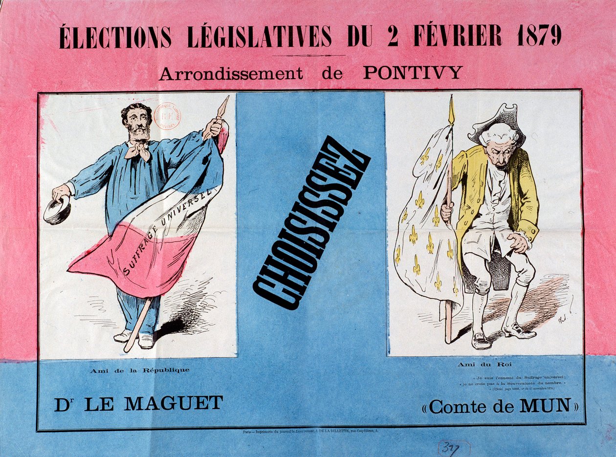 Derde Republiek: poster voor de parlementsverkiezingen van 2/02/1879 in de gemeente Pontivy (Morbihan) door French School