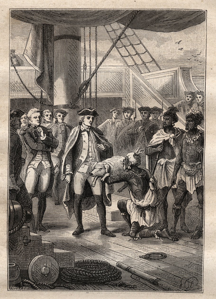 Derde reis van James Cook - Ze gaven hem een klein varken - hij presenteerde hem een klein varken - Derde reis van James Cook in de Stille Oceaan - illustratie uit 