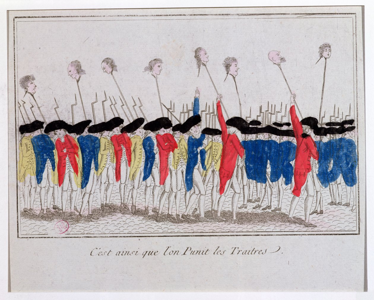 Zo worden verraders gestraft, sans-culottes die de hoofden van de geguillotineerden dragen, 1789 door French School