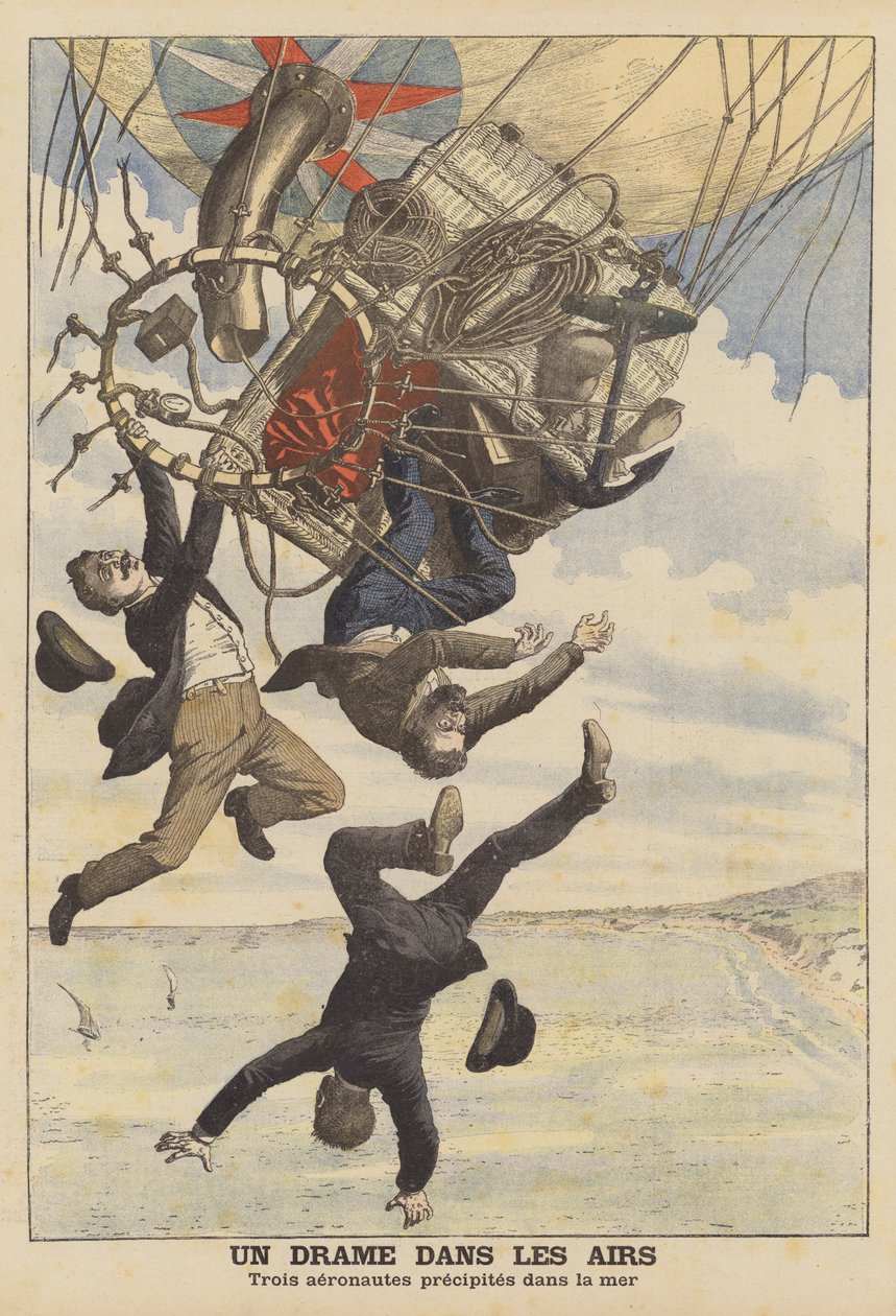 Drie Italiaanse ballonvaarders die in zee vallen (kleurenlitho) door French School