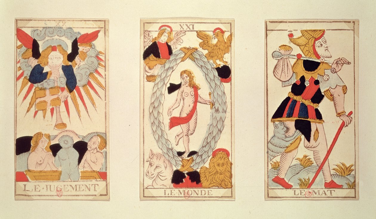 Drie tarotkaarten met afbeelding van Het Oordeel, De Wereld en De Dwaas (gekleurde houtsnede) door French School