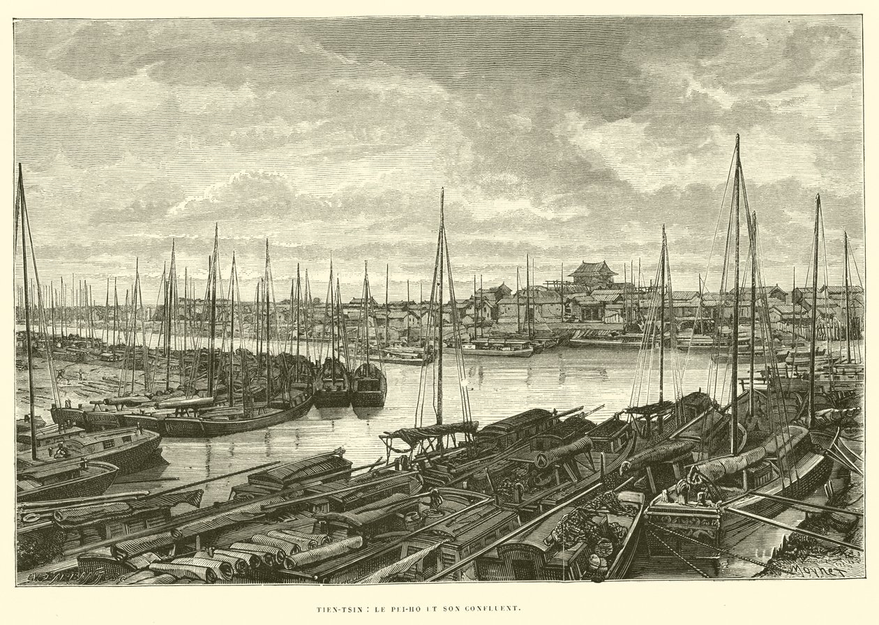 Tien-Tsin, de Pei-Ho en de samenvloeiing (gravure) door French School