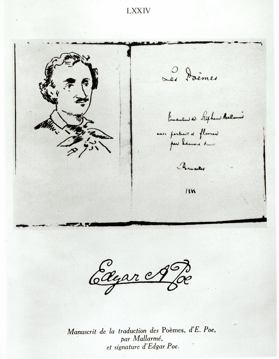 Titelpagina van Les Poemes door Edgar Allan Poe (1809-49) vertaald door Stephane Mallarme (1842-98) met een portret van de auteur, 1888 door French School
