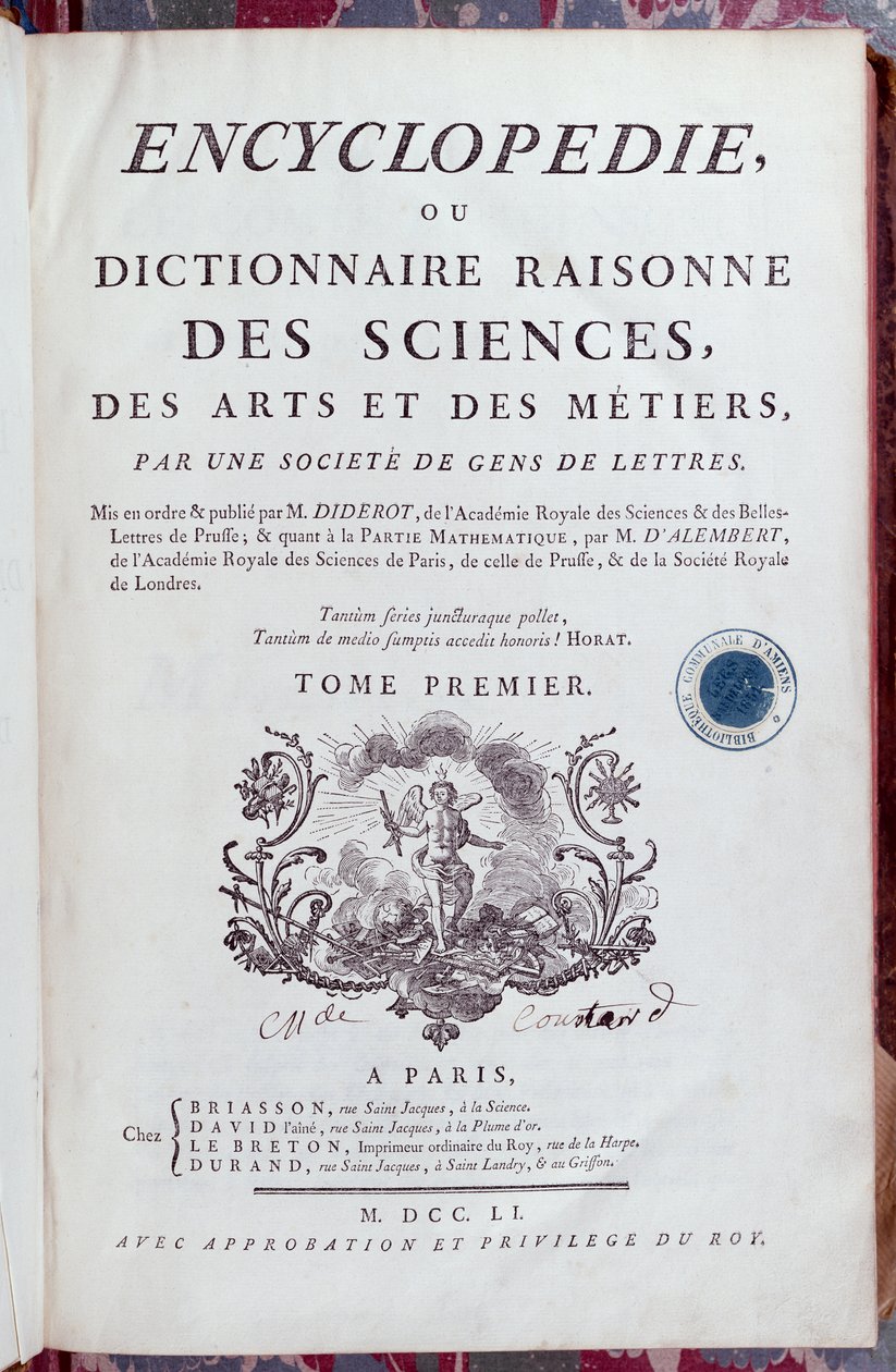 Titelpagina van Encyclopédie door Denis Diderot (1713-84), gepubliceerd in Parijs in 1751 door French School