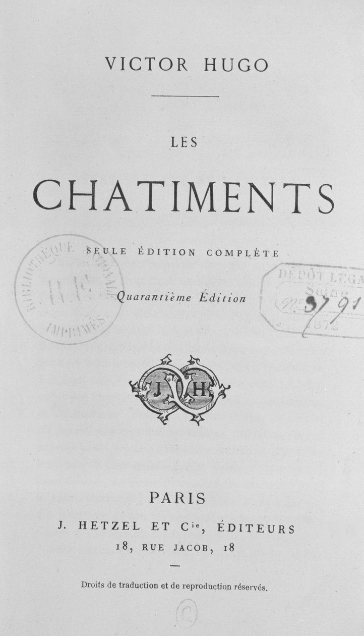 Titelpagina van Les Châtiments (1853) door Victor Hugo (1802-85), 40e editie gepubliceerd door J. Hetzel, 1872 door French School