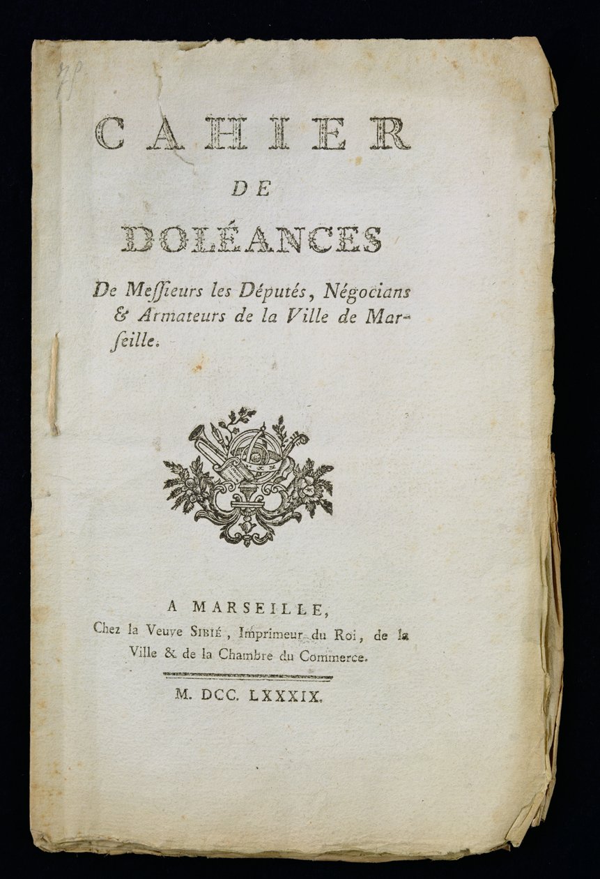 Titelpagina van het Klachtenboek van de Afgevaardigden, Kooplieden en Reders van Marseille, 1789 door French School