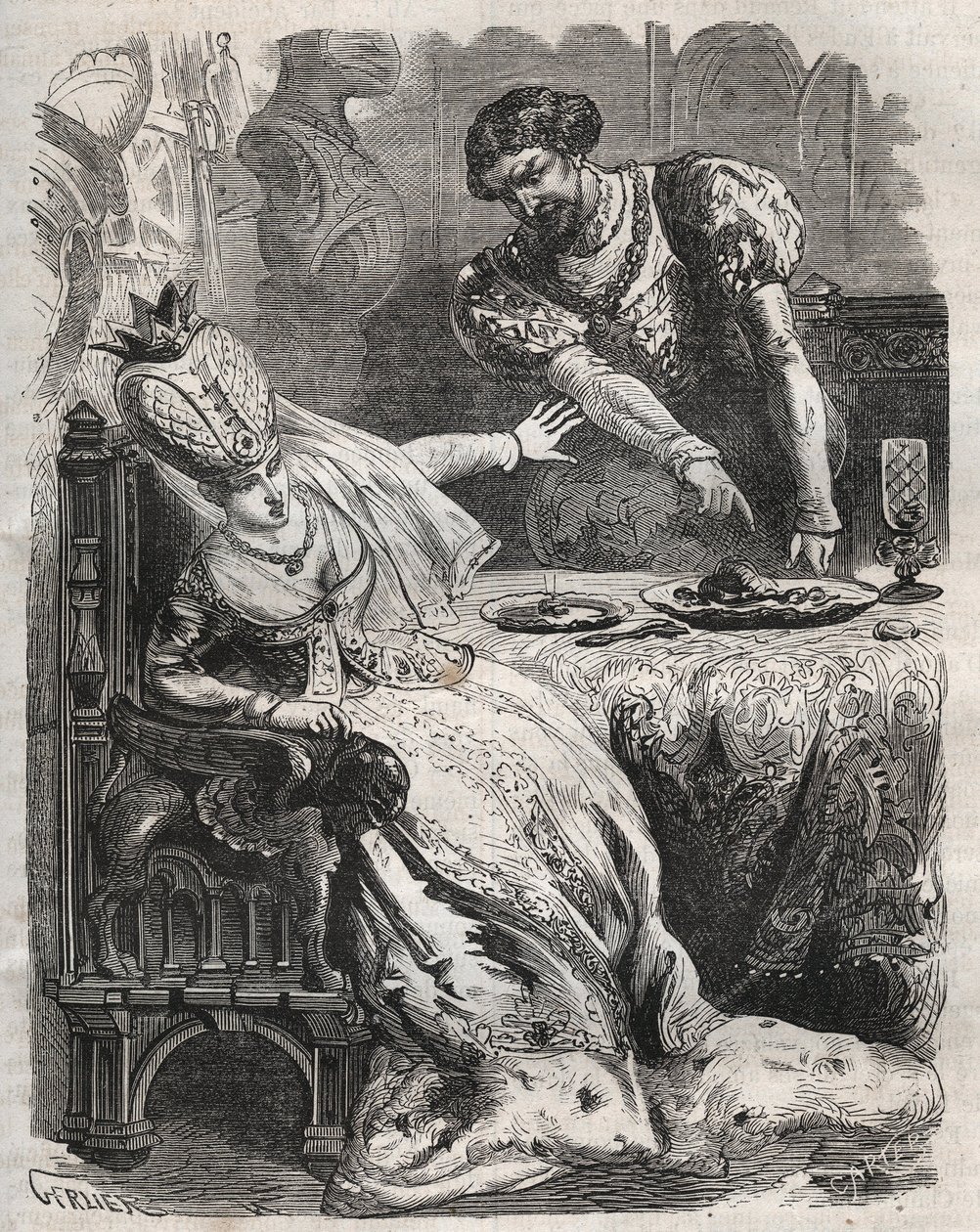 Om wraak te nemen voor de ontrouw van zijn vrouw, Gabrielle de Vergy, laat Eudes de Fayel haar zonder haar medeweten het hart van haar minnaar, Raoul de Coucy, eten. Scène van een 12e-eeuwse legende volgens welke Raoul I de Coucy (na 1142-1191) vroeg dat h door French School