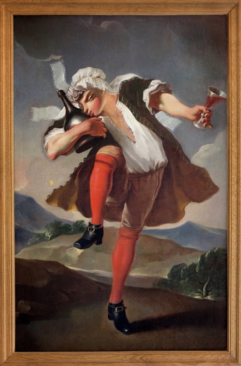 Aan de drie verenigde orden. Een man die de Clerge, de Noblesse en de Derde Stand vertegenwoordigt, houdt een glas rode wijn vast en kust een fles. Geschilderd bord van wijnhandelaar. Anoniem schilderij, revolutionaire periode door French School