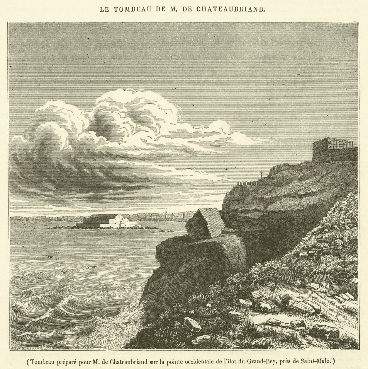 Grafmonument voor de heer Chateaubriand op de westpunt van het eiland Grand-Bey, bij Saint-Malo (gravure) door French School
