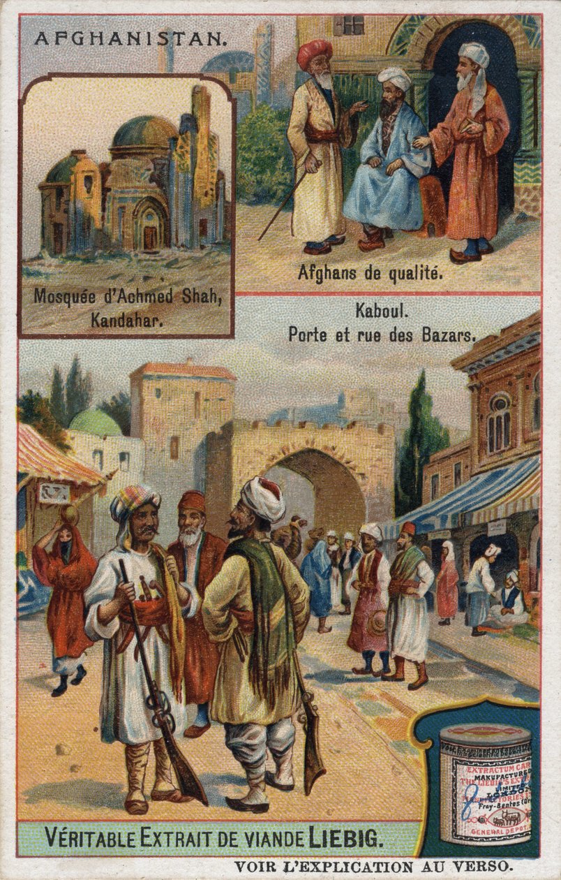 Boven: Achmed Shah-moskee in Kandahar en portretten van rijke Afghanen. Onder: Kabul-bazaar in Afghanistan. Reclamechromolithografie van de 19e eeuw. door French School