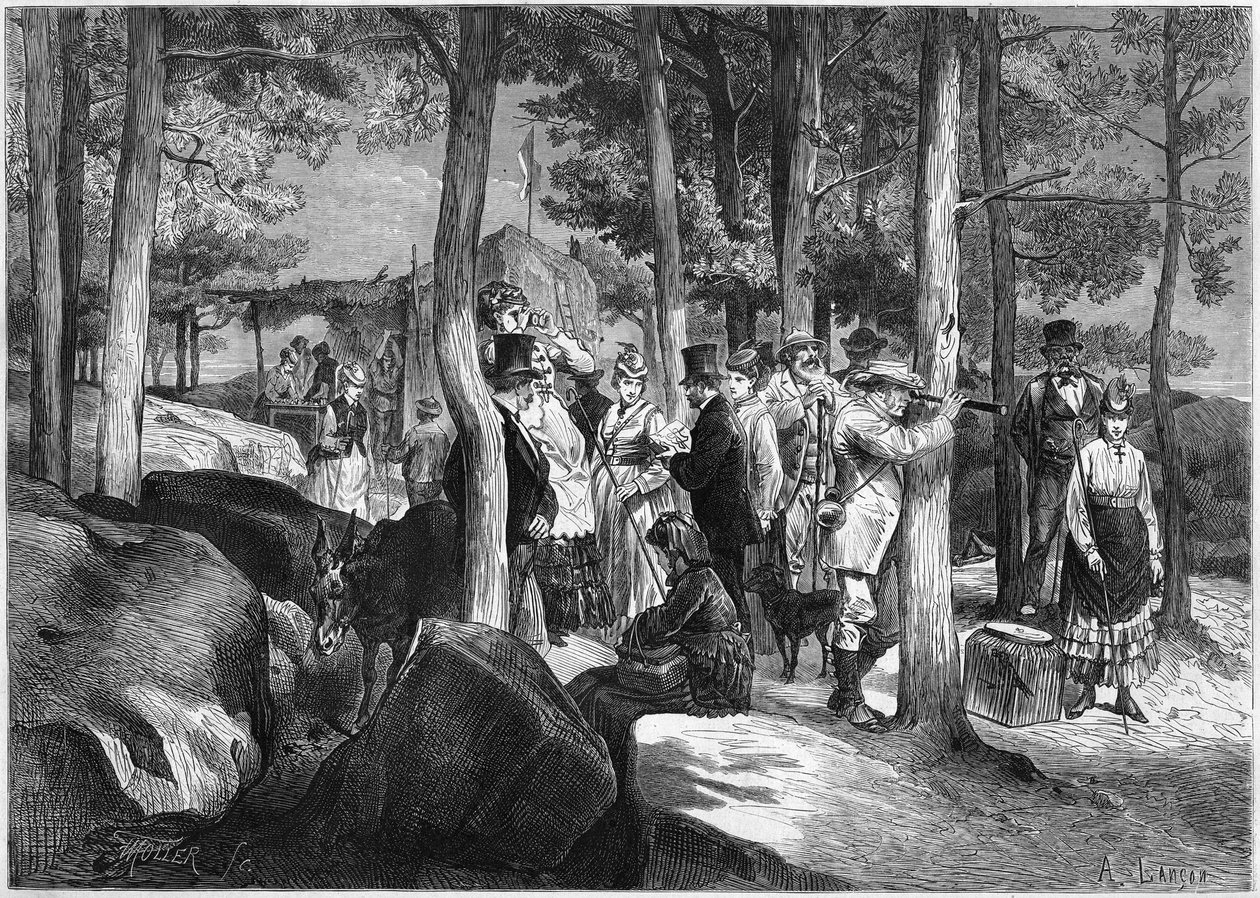 Toeristen bij de kloven van Apremont, nabij de ingang van de grot, in het bos van Fontainebleau door French School