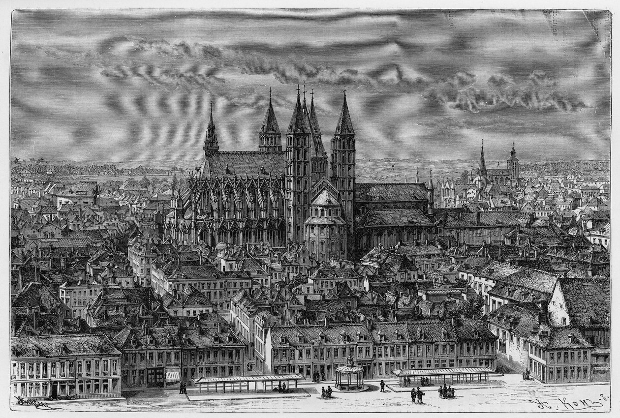 Tournai: buitenaanzicht van Notre-Dame en panorama van de stad. Gravure door Barclay, ter illustratie van het verhaal 